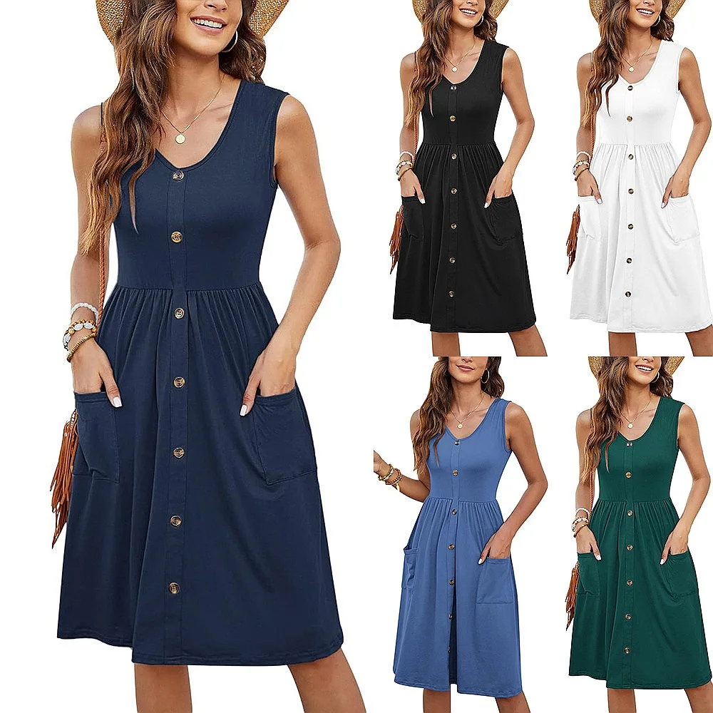 Summer Women Sleeveless Dress Casual Fashion Pleated Button Down Midi Dresses with Pockets Bodycon Jumpsuit Playsuit
Summer Women Sleeveless Dress Casual Fashion Pleated Button Down Midi Dresses with Pockets Bodycon Jumpsuit Playsuit