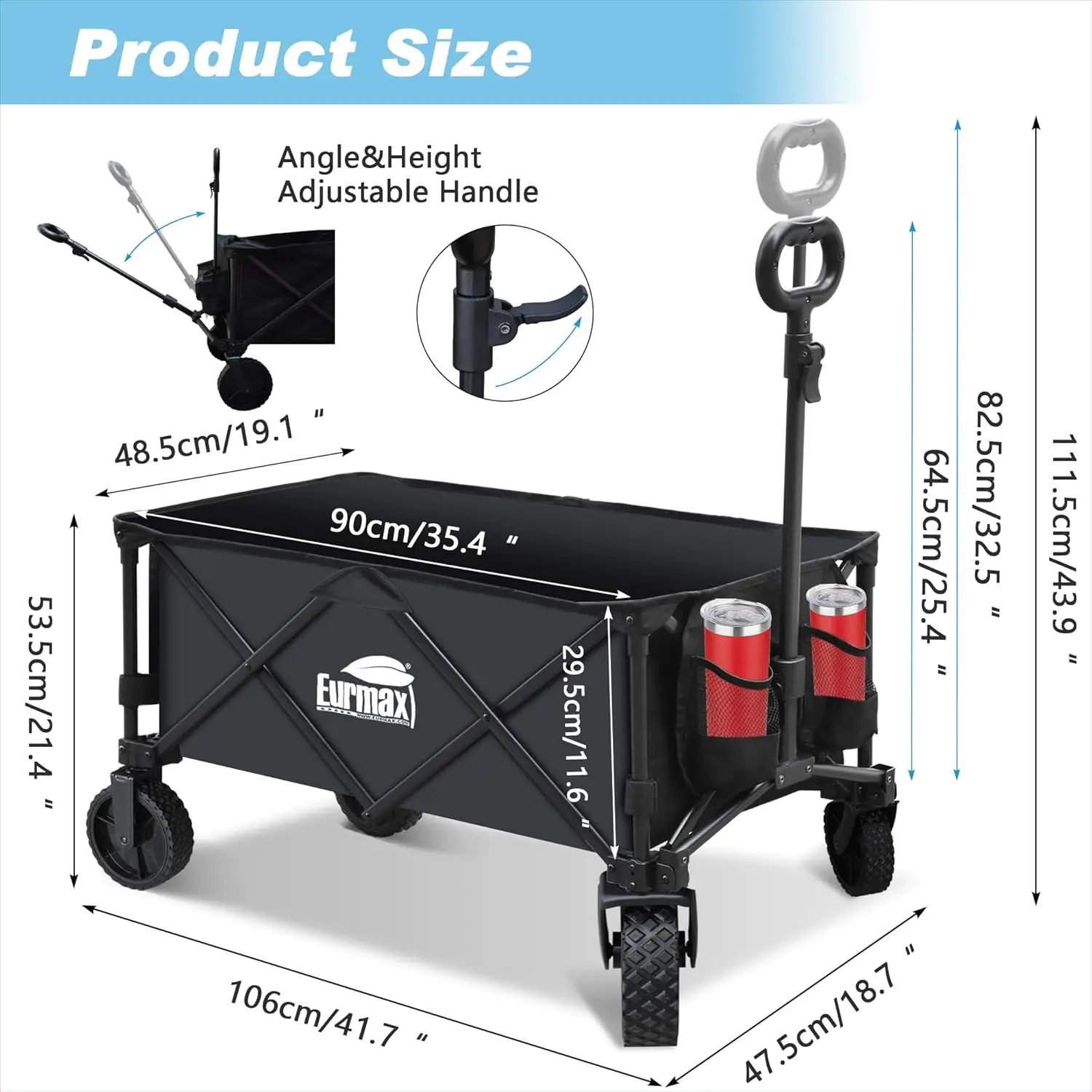 Foldable outdoor trolley, heavy-duty camping, patio shopping, garden and sports trolley, with side pockets and cup holder.
Foldable outdoor trolley, heavy-duty camping, patio shopping, garden and sports trolley, with side pockets and cup holder.