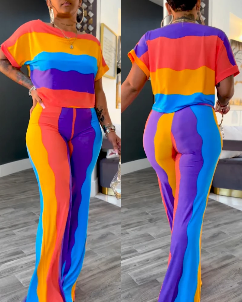 Elastic Short Sleeved Rainbow Striped 2-Piece Round Neck Crop Exposed Short Sleeved Top and High Waisted Straight Leg Pants Set
Elastic Short Sleeved Rainbow Striped 2-Piece Round Neck Crop Exposed Short Sleeved Top and High Waisted Straight Leg Pants Set
