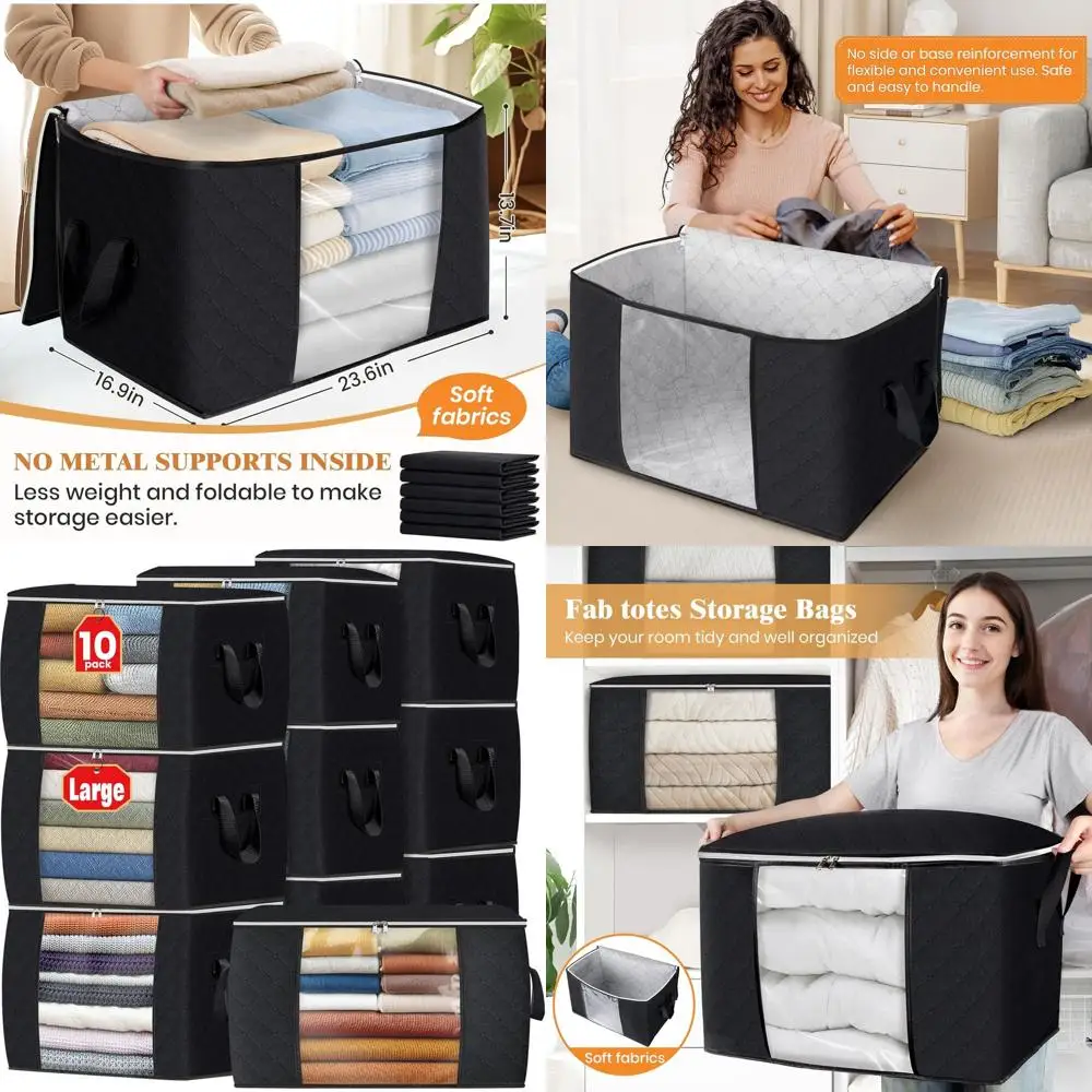 10-Pack Black Thick Fabric Blanket Storage Bags with Handles for Organizing Clothes, Bedding, and Closets
10-Pack Black Thick Fabric Blanket Storage Bags with Handles for Organizing Clothes, Bedding, and Closets