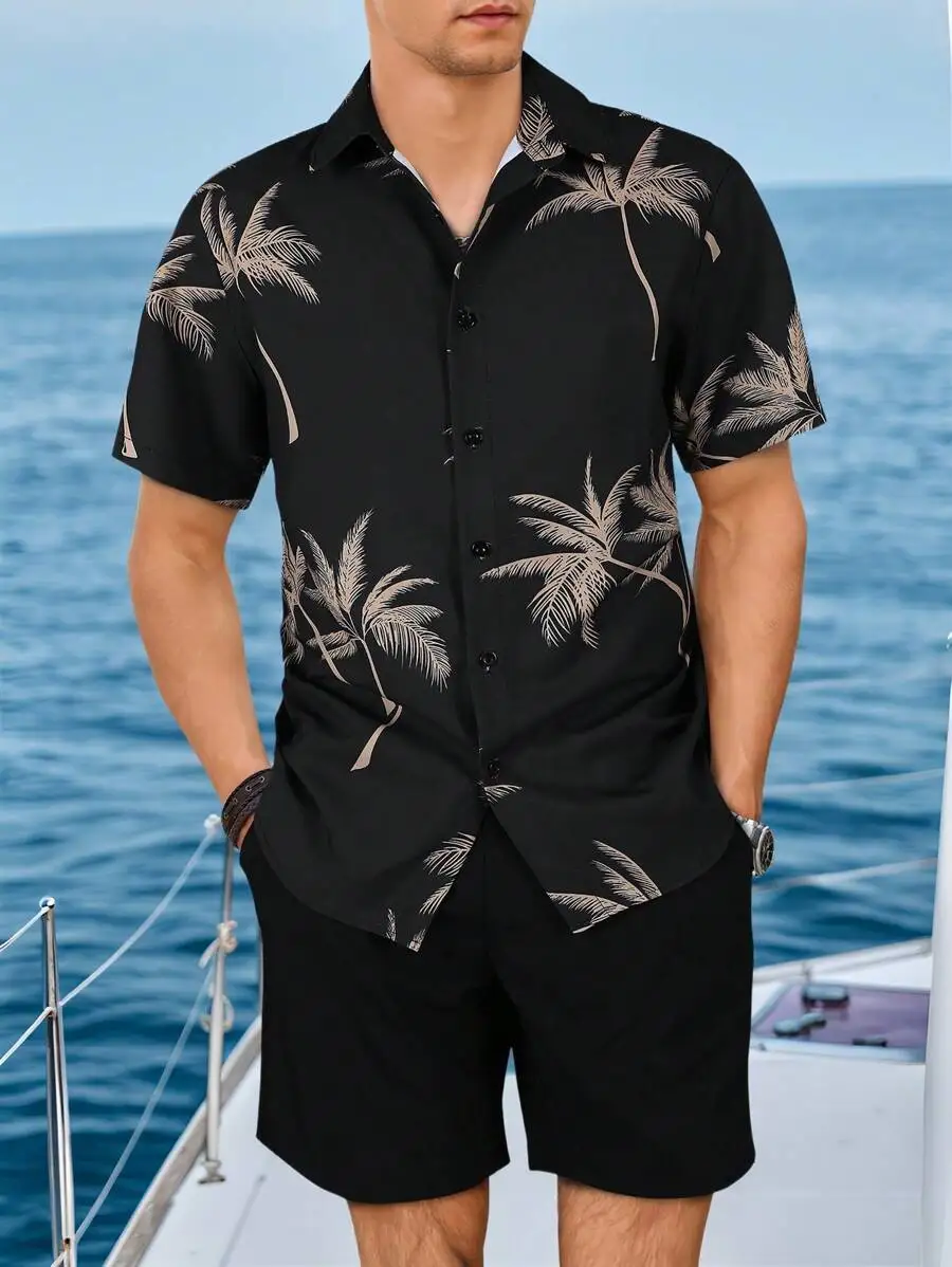 Mens Black Palm Tree Print Short Sleeve Button-Down Shirt And Drawstring Shorts Set
Mens Black Palm Tree Print Short Sleeve Button-Down Shirt And Drawstring Shorts Set