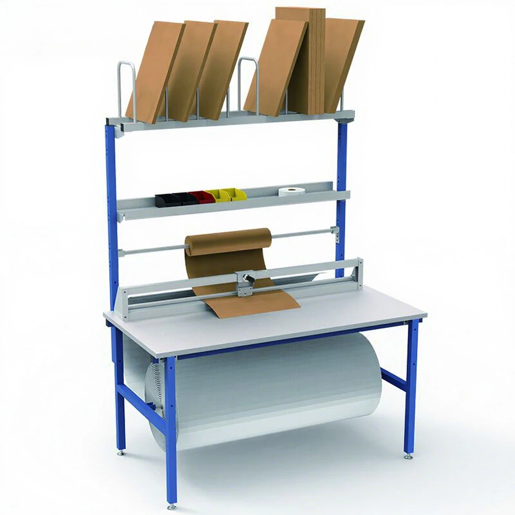 Packaging workbench Packaging station with bubble wrap cutter with industrial pick truck
Packaging workbench Packaging station with bubble wrap cutter with industrial pick truck
