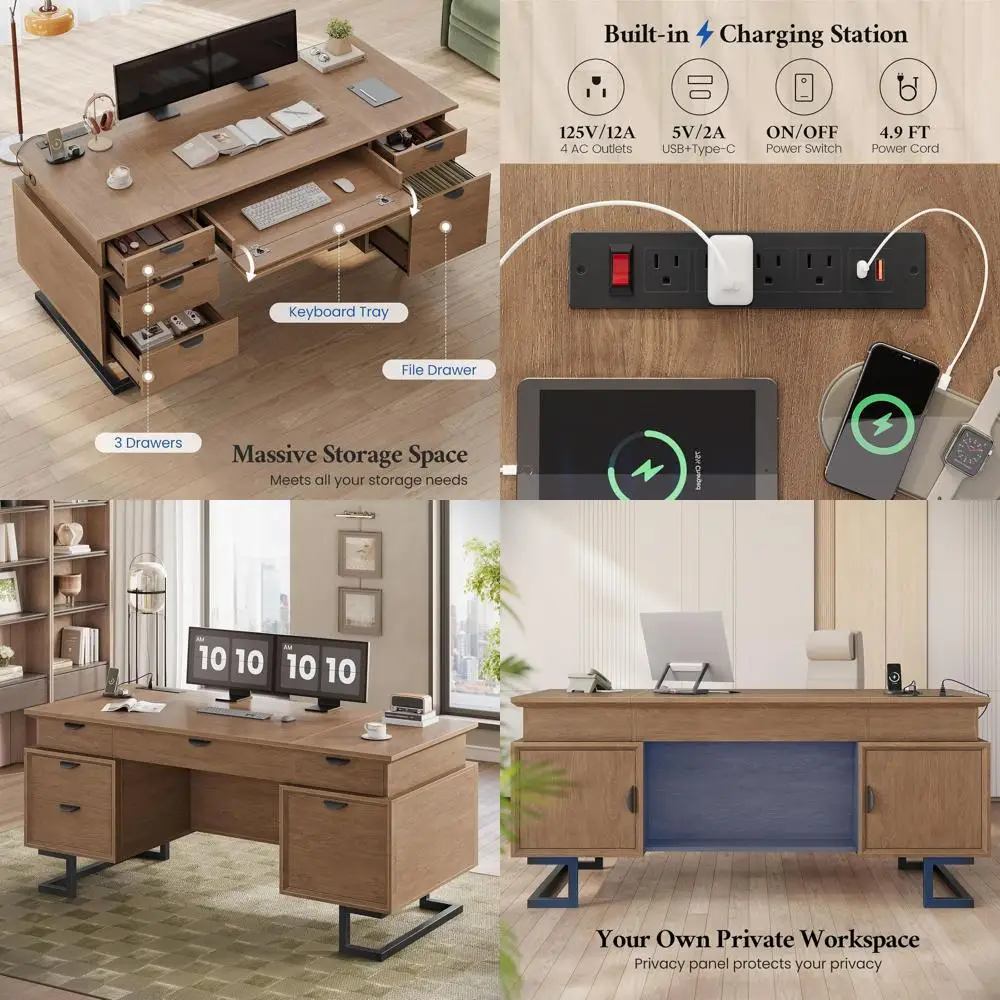 63" Executive Desk with Charging Station, Large Home Oice Desks with 6 Ders and 2 Storage Cabi, ile Der, Keyboard Tray, Privacy
63" Executive Desk with Charging Station, Large Home Oice Desks with 6 Ders and 2 Storage Cabi, ile Der, Keyboard Tray, Privacy