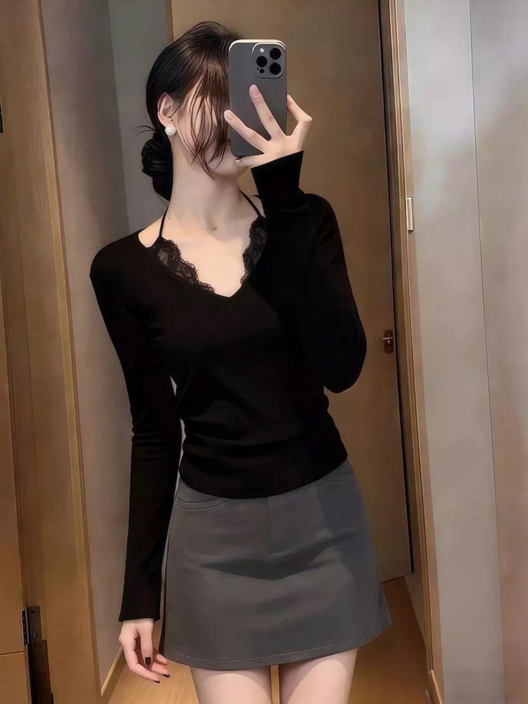 Французская женская футболка с кружевной отделкой и поясом, с длинным рукавом, облегающая, базовый слой, весенний сезон, сексуальный стиль, V-образный вырез, вязаная
Французская женская футболка с кружевной отделкой и поясом, с длинным рукавом, облегающая, базовый слой, весенний сезон, сексуальный стиль, V-образный вырез, вязаная