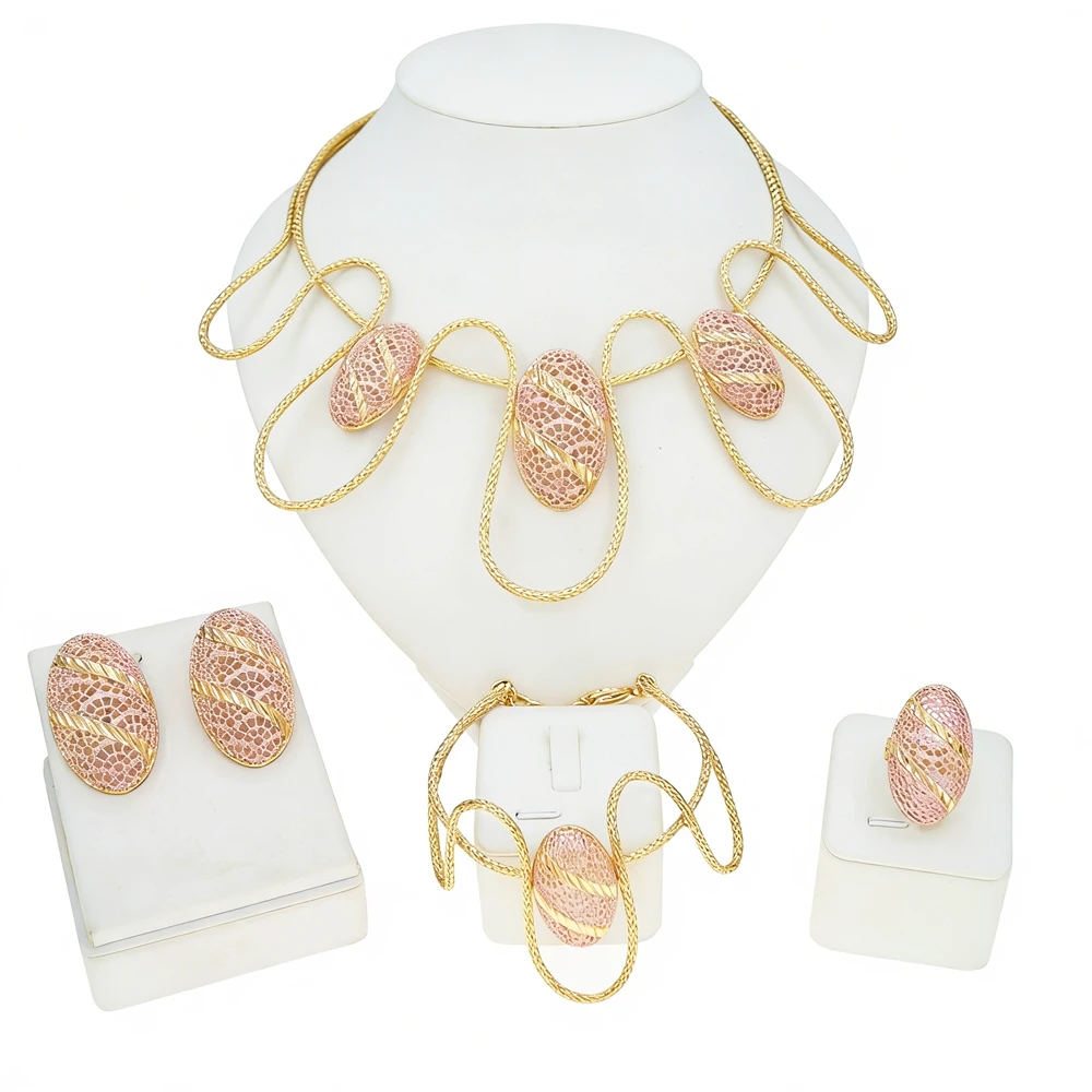 Women Romantic Filigree Oval Jewelry Set Gold Plated Pink Mesh Statement Necklace Bracelet Ring & Matching Earrings for Party
Women Romantic Filigree Oval Jewelry Set Gold Plated Pink Mesh Statement Necklace Bracelet Ring & Matching Earrings for Party