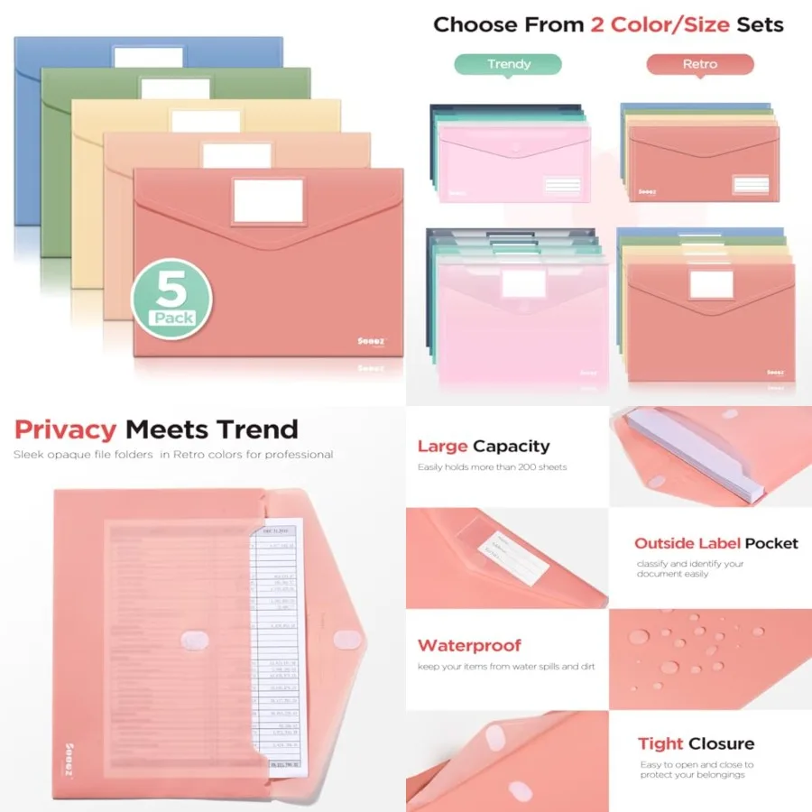 5 Pack Plastic Envelopes, Plastic File Folder, Folders for Documents Colors, Super Heavyweight Document Holder, Storage Pouches
5 Pack Plastic Envelopes, Plastic File Folder, Folders for Documents Colors, Super Heavyweight Document Holder, Storage Pouches