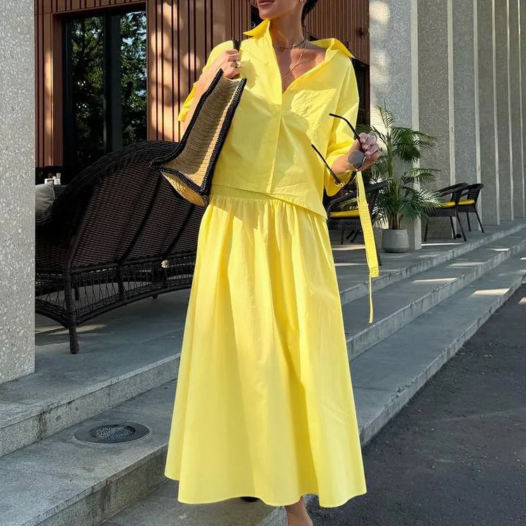 Solid Pocket Blouse Two-piece Set Women Single Breasted Short Sleeve Blouse+Elastic Waist Long Skirts Elegant Casual Skirts Sets
Solid Pocket Blouse Two-piece Set Women Single Breasted Short Sleeve Blouse+Elastic Waist Long Skirts Elegant Casual Skirts Sets