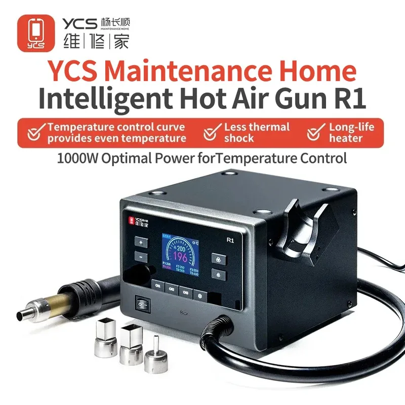 YCS-R1 1000W Intelligent Curved Hot Air Gun for Mobile Phone Repair, Motherboard PCB Welding and Desoldering Hot Air Gun Tool
YCS-R1 1000W Intelligent Curved Hot Air Gun for Mobile Phone Repair, Motherboard PCB Welding and Desoldering Hot Air Gun Tool