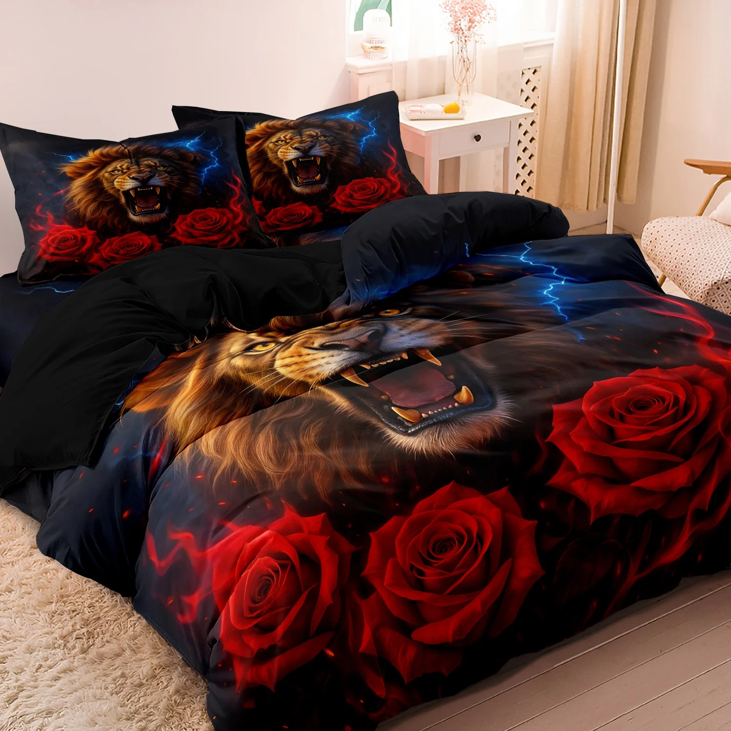 3pcs Wild Animal Floral Bedding, Black Roaring Lion & Red Rose Printing Duvet Cover Set, For Family Bedrooms, Hotels Dormitories
3pcs Wild Animal Floral Bedding, Black Roaring Lion & Red Rose Printing Duvet Cover Set, For Family Bedrooms, Hotels Dormitories