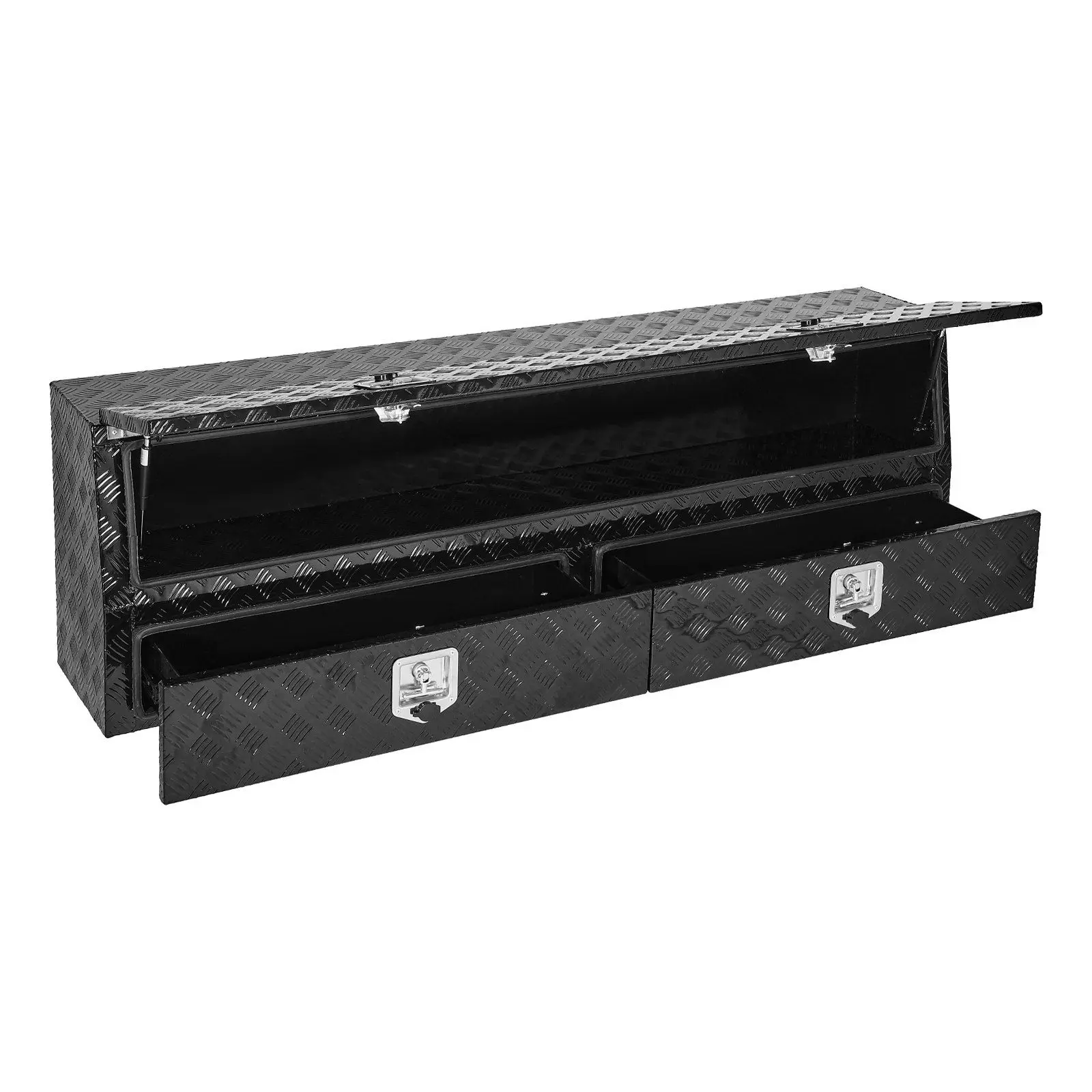 Contractor Truck Tool Box, 72 x 21 x 13 in, Black Tread Aluminum TopSider Toolbox with Two Lower Drawers, Flip Up Door,
Contractor Truck Tool Box, 72 x 21 x 13 in, Black Tread Aluminum TopSider Toolbox with Two Lower Drawers, Flip Up Door,