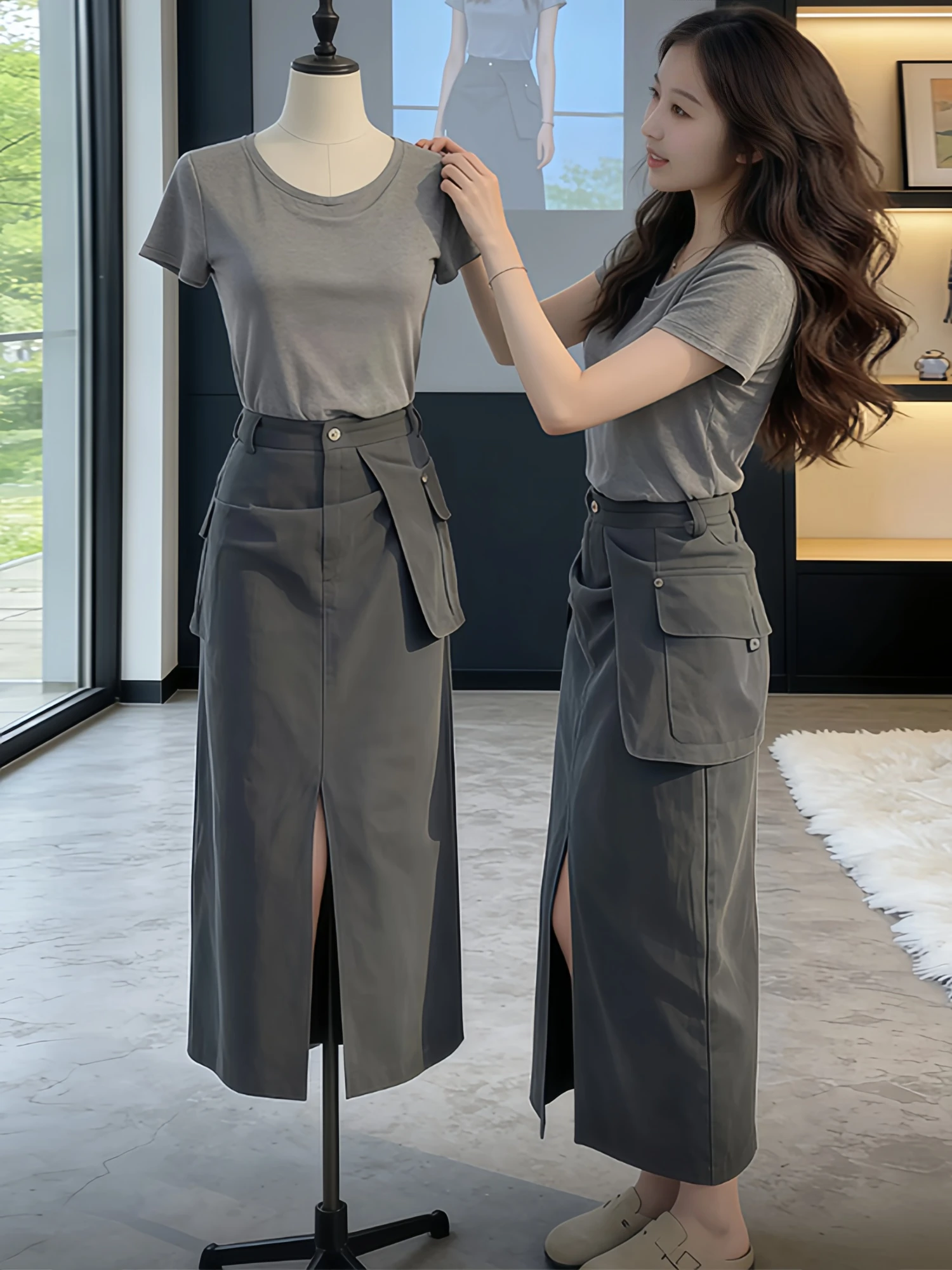 Spring Summer Casual Pure Color Short Sleeve T-Shirt Women's Workwear High Waist Skirt Two-Piece Set Breathable Medium Weight
Spring Summer Casual Pure Color Short Sleeve T-Shirt Women's Workwear High Waist Skirt Two-Piece Set Breathable Medium Weight