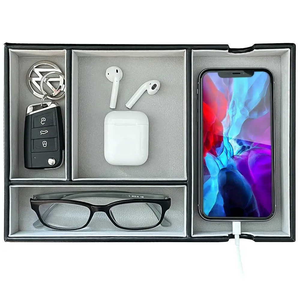Valet Tray For Men And Women - Pu Leather Nightstand Organizer With 4 Compartments, Desk Catchall Tray For Phone, Wallet
Valet Tray For Men And Women - Pu Leather Nightstand Organizer With 4 Compartments, Desk Catchall Tray For Phone, Wallet