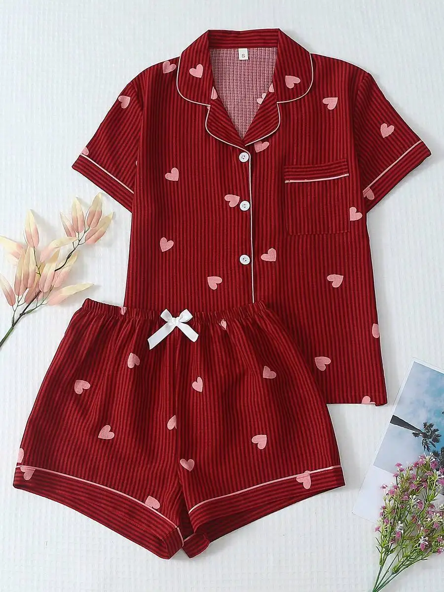 2Pcs Women Red Striped Heart Print Short Sleeve Pajama Set With Pocket And Bow Tie Shorts
2Pcs Women Red Striped Heart Print Short Sleeve Pajama Set With Pocket And Bow Tie Shorts