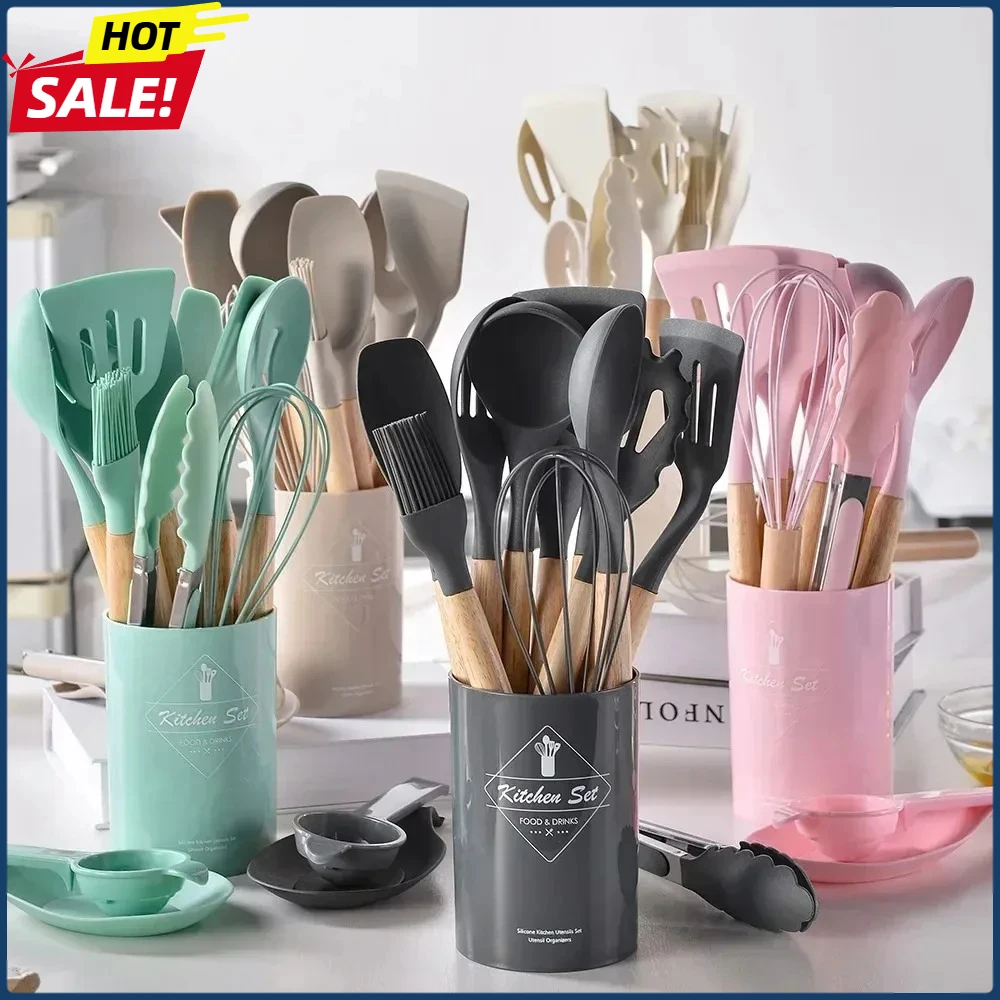 12PCS Wooden Handle Silicone Kitchen Utensils Non-Stick Soup Spoons & Spatulas High-Temperature Resistant Bucket Storage
12PCS Wooden Handle Silicone Kitchen Utensils Non-Stick Soup Spoons & Spatulas High-Temperature Resistant Bucket Storage
