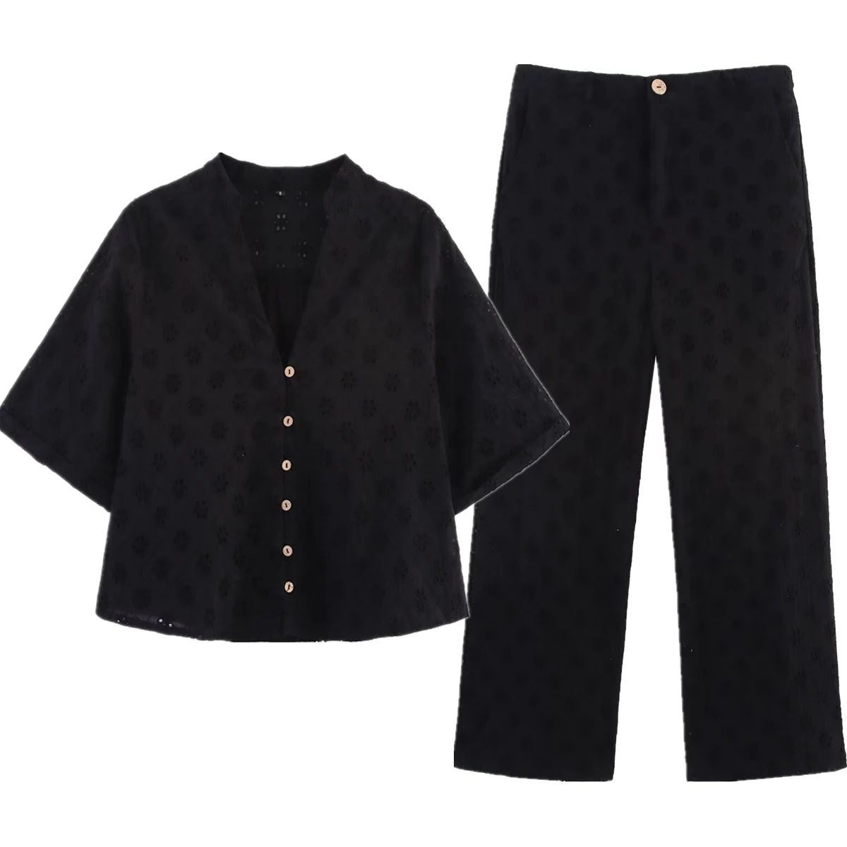 Maxdutti 2025 Summer Minimalist Embroidered Hollow Black Set Short Sleeve Shirt Casual Pants Set Women
Maxdutti 2025 Summer Minimalist Embroidered Hollow Black Set Short Sleeve Shirt Casual Pants Set Women