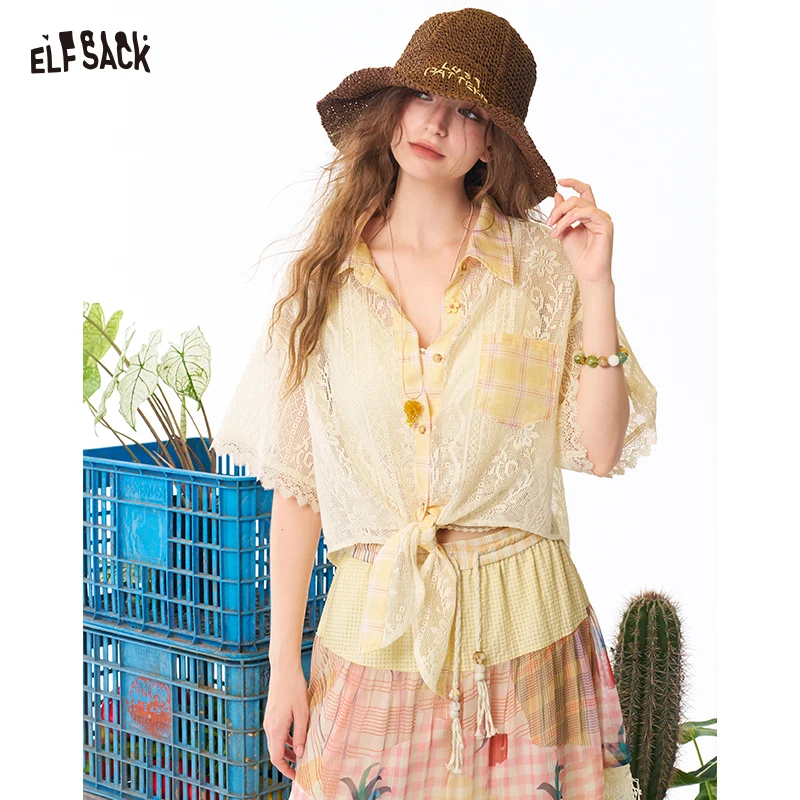 ELFSACK Women's Lace Plaid Patchwork Shirt with Hem Tie Knot, Lapel Cropped Blouse for Daily
ELFSACK Women's Lace Plaid Patchwork Shirt with Hem Tie Knot, Lapel Cropped Blouse for Daily