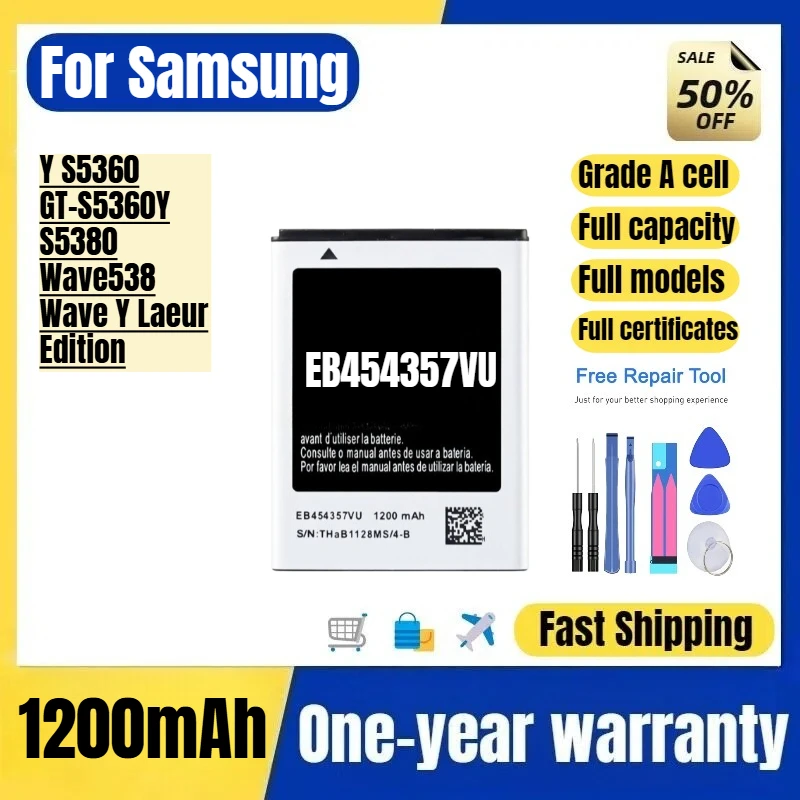 EB454357VU for Samsung Y S5360/GT-S5360Y/S5380/Wave538/Wave Y Laeur Edition Mobile Phone Battery Replacement Bateria with Tools
EB454357VU for Samsung Y S5360/GT-S5360Y/S5380/Wave538/Wave Y Laeur Edition Mobile Phone Battery Replacement Bateria with Tools