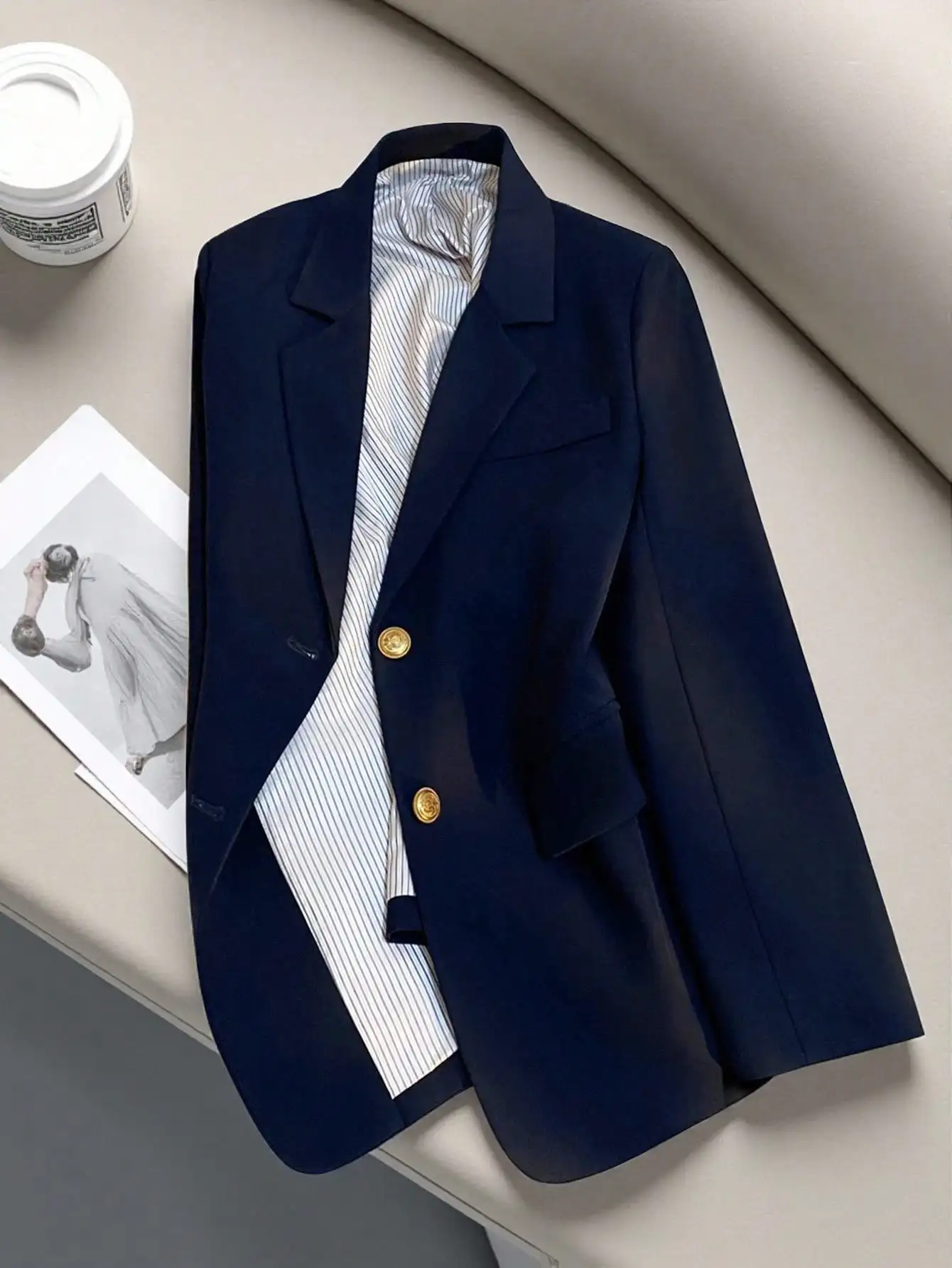 Navy Blue Casual Blazer with Gold Buttons, Stylish for Work or Weekend Wear
Navy Blue Casual Blazer with Gold Buttons, Stylish for Work or Weekend Wear