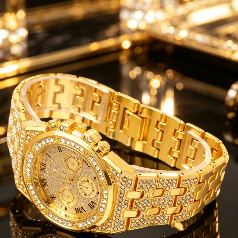 Roman stainless steel strap watch fashionable men's rhinestone inlaid stainless steel quartz watch business dial decoration
Roman stainless steel strap watch fashionable men's rhinestone inlaid stainless steel quartz watch business dial decoration