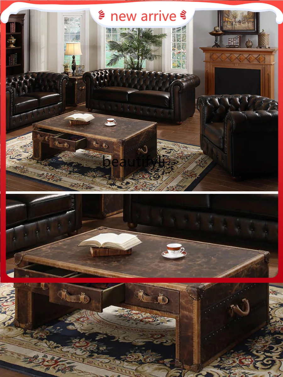 Coffee table retro leather box oil wax leather table American villa living room, coffee table old European style G1218
Coffee table retro leather box oil wax leather table American villa living room, coffee table old European style G1218