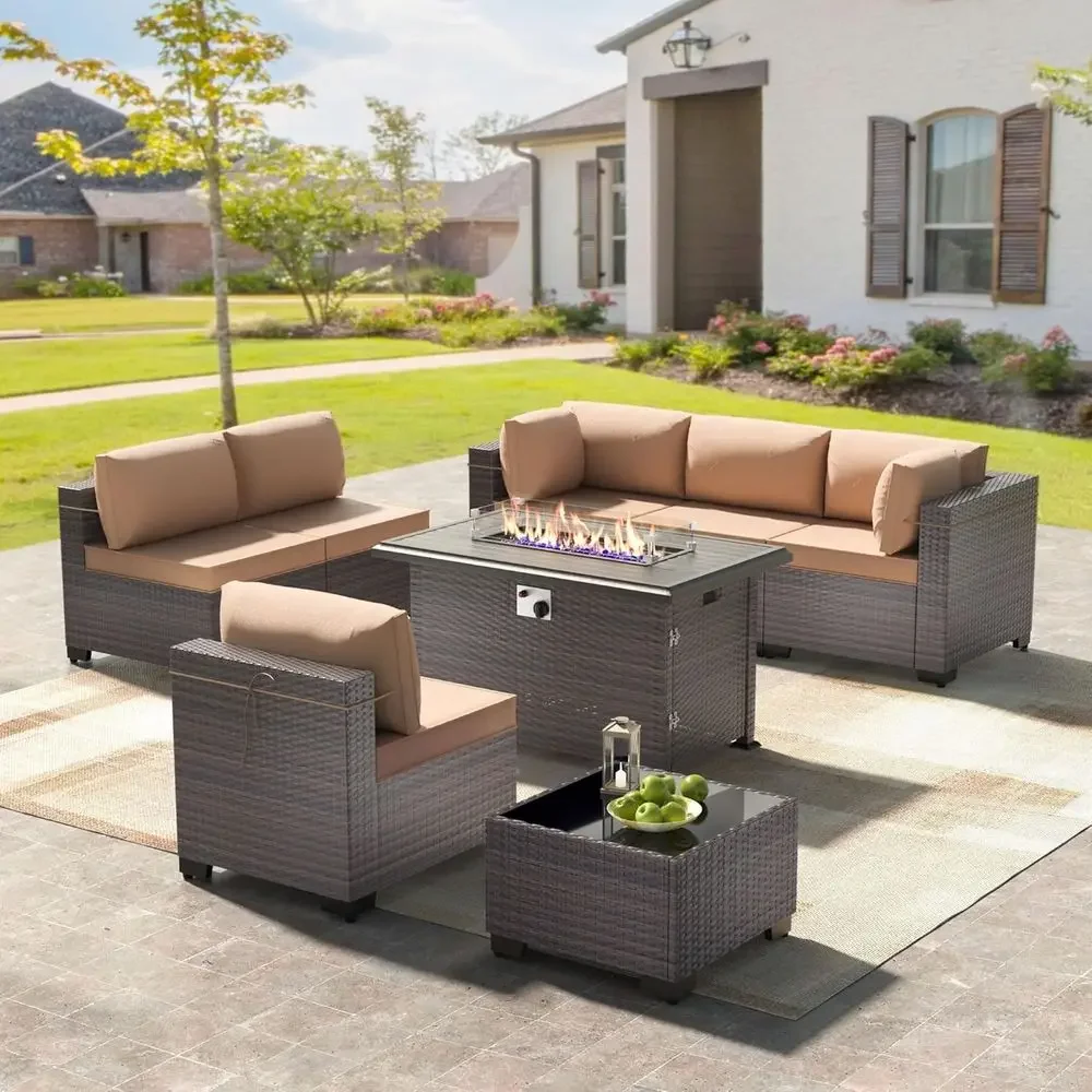 8-Piece Outdoor Patio Furniture Set with Propane Fire Pit, Wicker Sofa, 6 High Back Rattan Chairs, Coffee Table & Gas Fire Pit
8-Piece Outdoor Patio Furniture Set with Propane Fire Pit, Wicker Sofa, 6 High Back Rattan Chairs, Coffee Table & Gas Fire Pit