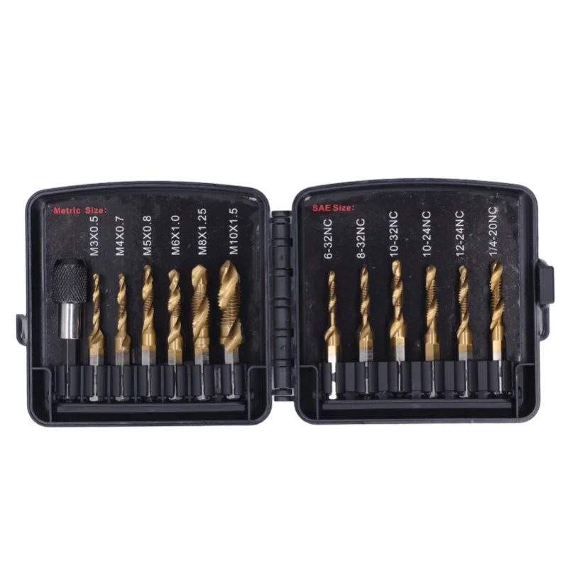 13Pcs/Set Combination Drill Tap High Speed Steel Titanium Plated Hex Shank Taps Metric Imperial
13Pcs/Set Combination Drill Tap High Speed Steel Titanium Plated Hex Shank Taps Metric Imperial
