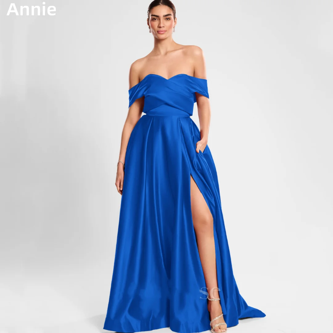 Annie Blue Prom Dresses Pleated Simple Satin Evening Dresses Off-shoulder Side Slits For Women Lady Robes De Soirée Customized
Annie Blue Prom Dresses Pleated Simple Satin Evening Dresses Off-shoulder Side Slits For Women Lady Robes De Soirée Customized