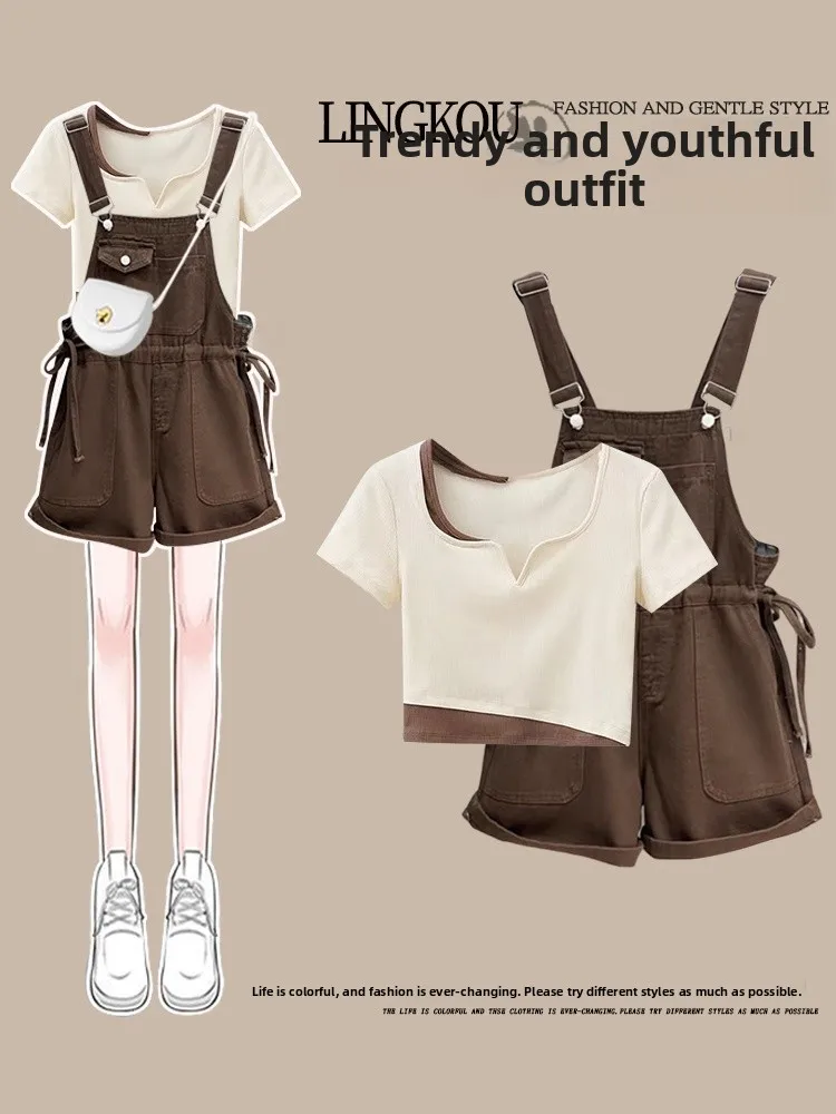 Khaki Overalls Women's New Summer Short T-shirt Top with Denim Wide Leg Shorts Two-piece Set High Waist Zipper Casual Wear
Khaki Overalls Women's New Summer Short T-shirt Top with Denim Wide Leg Shorts Two-piece Set High Waist Zipper Casual Wear