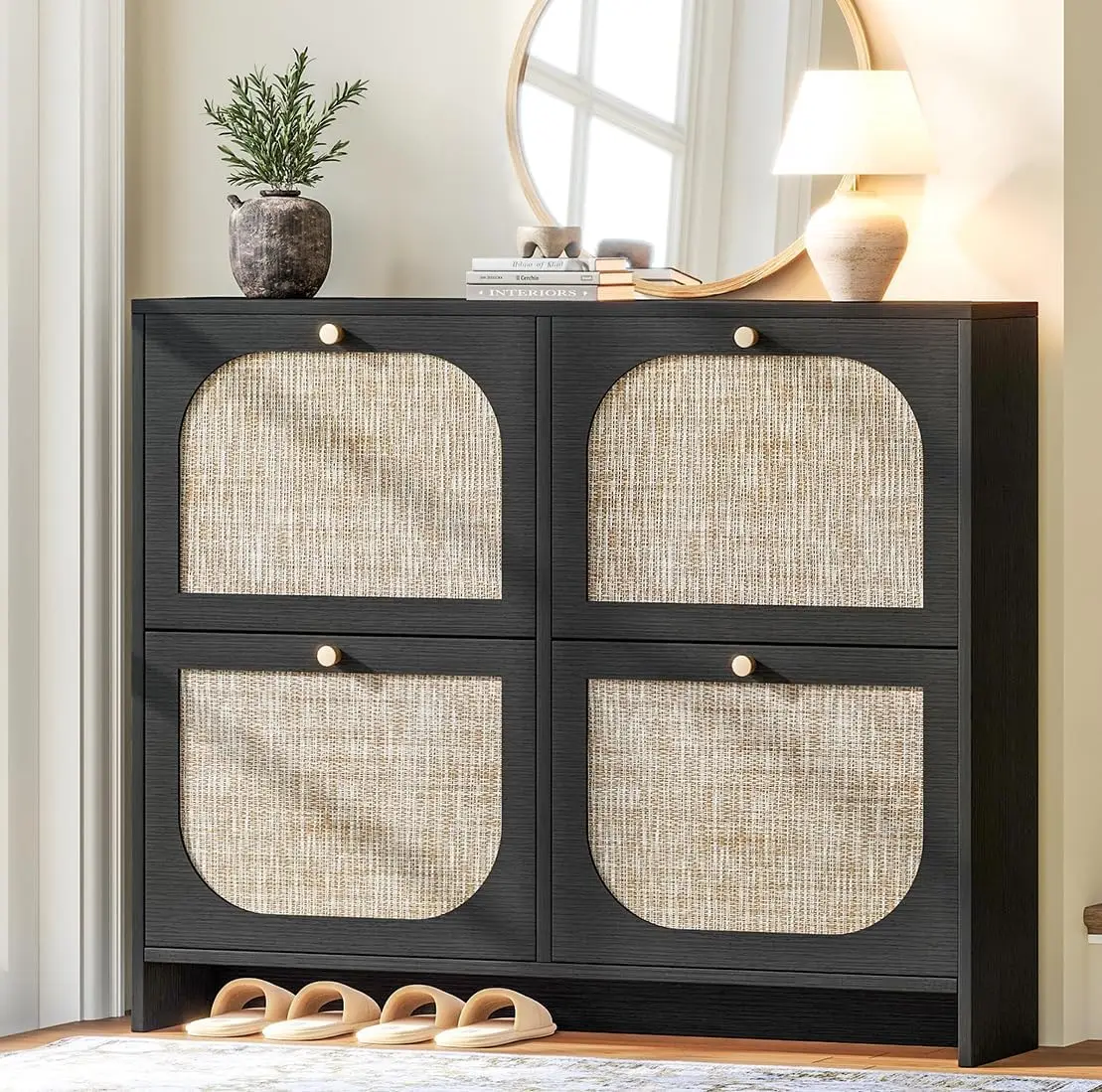 Freestanding Arched Rattan Shoe Cabinet with 4 Flip Drawers & Adjustable Shelves, Modern Rustic Entryway Storage, Black
Freestanding Arched Rattan Shoe Cabinet with 4 Flip Drawers & Adjustable Shelves, Modern Rustic Entryway Storage, Black