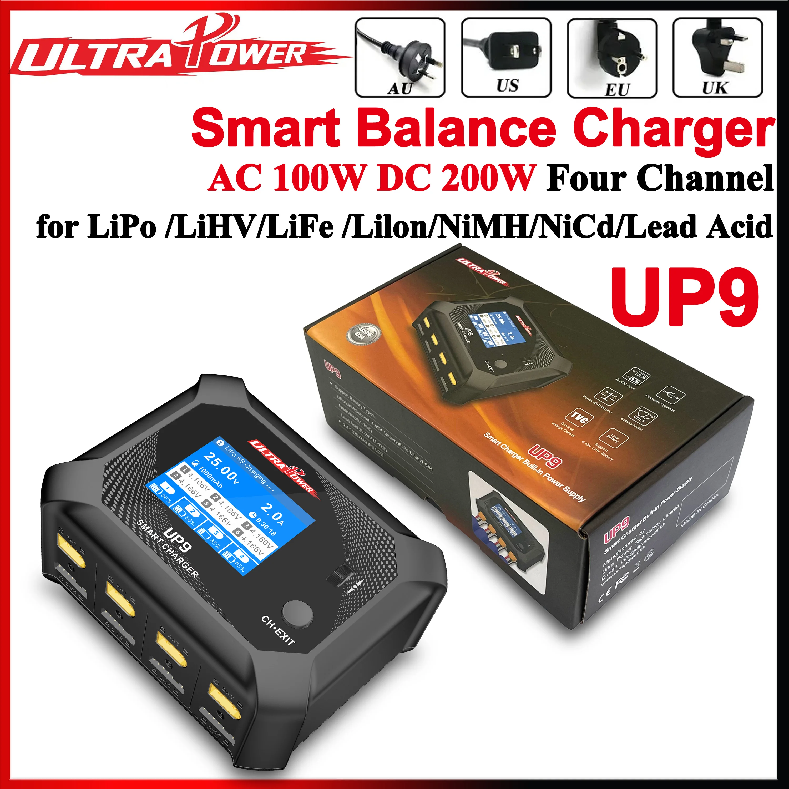 UltraPower UP9 AC 100W DC 200W 4-канальный ЖК-дисплей Smart Balance Charger Разрядник для 1-6S Lipo LiHV Lilon LiFe NiMH батареи
UltraPower UP9 AC 100W DC 200W 4-канальный ЖК-дисплей Smart Balance Charger Разрядник для 1-6S Lipo LiHV Lilon LiFe NiMH батареи