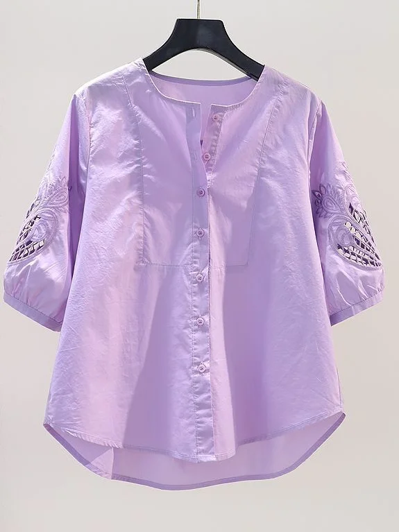 Light Purple Embroidered Hollow out Loose Cotton Shirt Women's Summer Design round Neck Five Sleeve Loose Top Cleanfit Style
Light Purple Embroidered Hollow out Loose Cotton Shirt Women's Summer Design round Neck Five Sleeve Loose Top Cleanfit Style