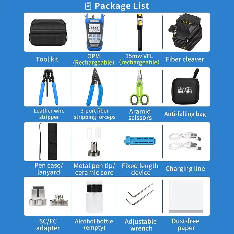 22pcs/set Rechargeable FTTH Fiber Optic Tool Kit with -70~+10dBm Optical Power Meter 15MW Visual Fault Locator AUA-6C cleaver
22pcs/set Rechargeable FTTH Fiber Optic Tool Kit with -70~+10dBm Optical Power Meter 15MW Visual Fault Locator AUA-6C cleaver