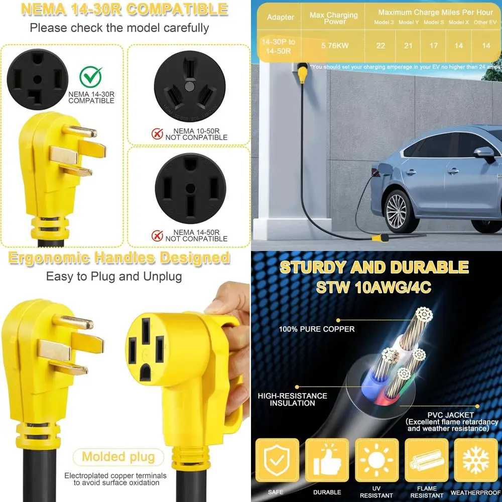 50ft EV Charger Adapter Cord NEMA 14-30P to 14-50R, 30 Amp 4 Prong Dryer to 50 Amp 4 Prong EV/RV for Tesla or EV Level 2 Chargin
50ft EV Charger Adapter Cord NEMA 14-30P to 14-50R, 30 Amp 4 Prong Dryer to 50 Amp 4 Prong EV/RV for Tesla or EV Level 2 Chargin