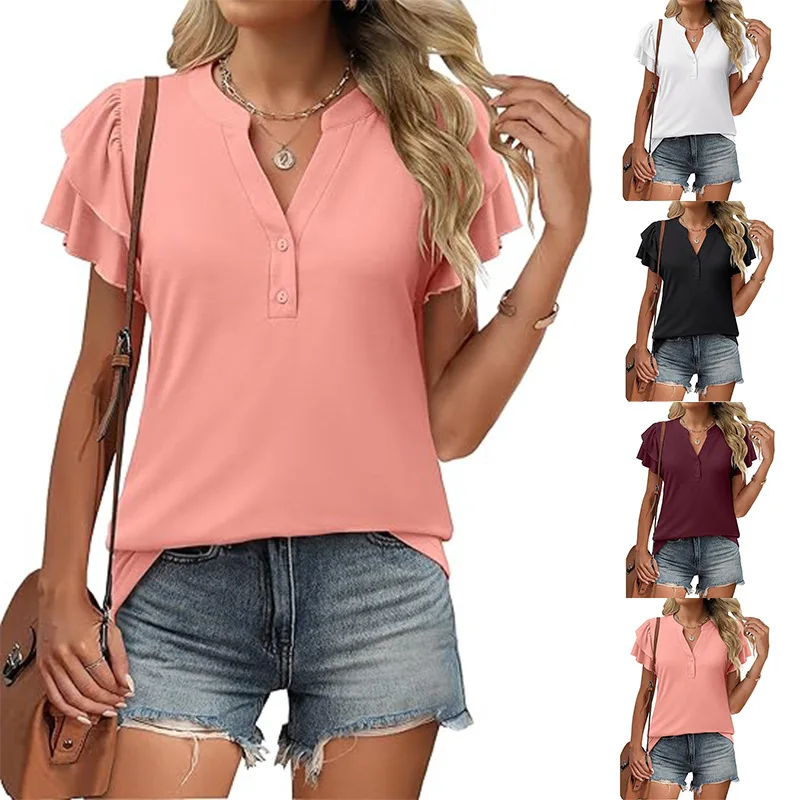 2025 New Women's Solid Color Shirt Summer Short Sleeve V-neck Lotus Leaf Sleeve Button Up Shirt Fashion Elegant Lady Blouse Tops
2025 New Women's Solid Color Shirt Summer Short Sleeve V-neck Lotus Leaf Sleeve Button Up Shirt Fashion Elegant Lady Blouse Tops