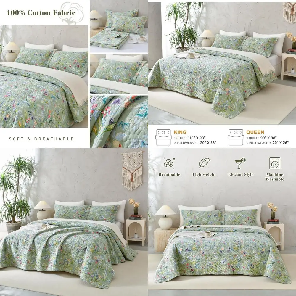 King Size Cotton Quilt Set with Green Floral Print - 3-Piece Bedspread Coverlet for Summer, Suitable for All Seasons
King Size Cotton Quilt Set with Green Floral Print - 3-Piece Bedspread Coverlet for Summer, Suitable for All Seasons