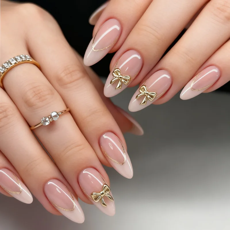 24Pcs Mid-length Almond Fake Nails with Golden Line French 3D Bow False Nails Press on Detachable Finished Full Cover Nails Tips
24Pcs Mid-length Almond Fake Nails with Golden Line French 3D Bow False Nails Press on Detachable Finished Full Cover Nails Tips