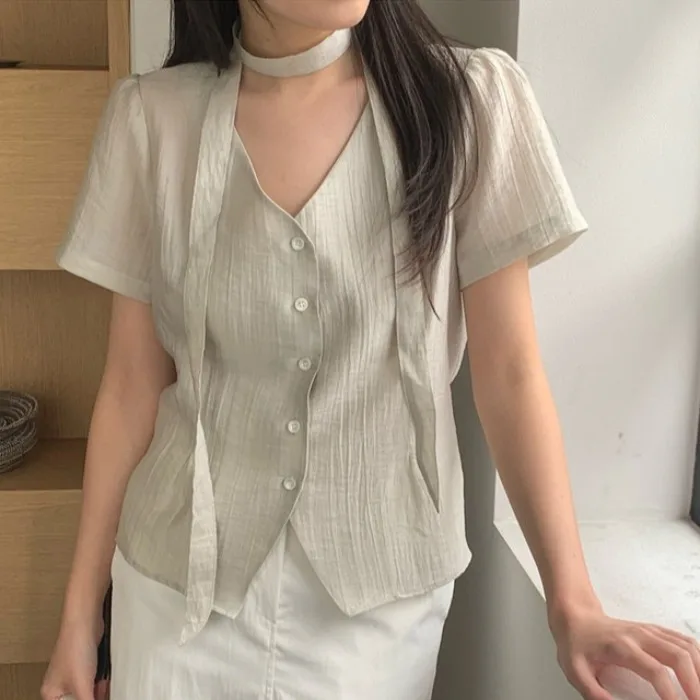 Chic Summer Women's Shirt V-neck Sash Waist-cinching Short Sleeve Pure Color Top Korean Style Breathable Polyester Fabric
Chic Summer Women's Shirt V-neck Sash Waist-cinching Short Sleeve Pure Color Top Korean Style Breathable Polyester Fabric