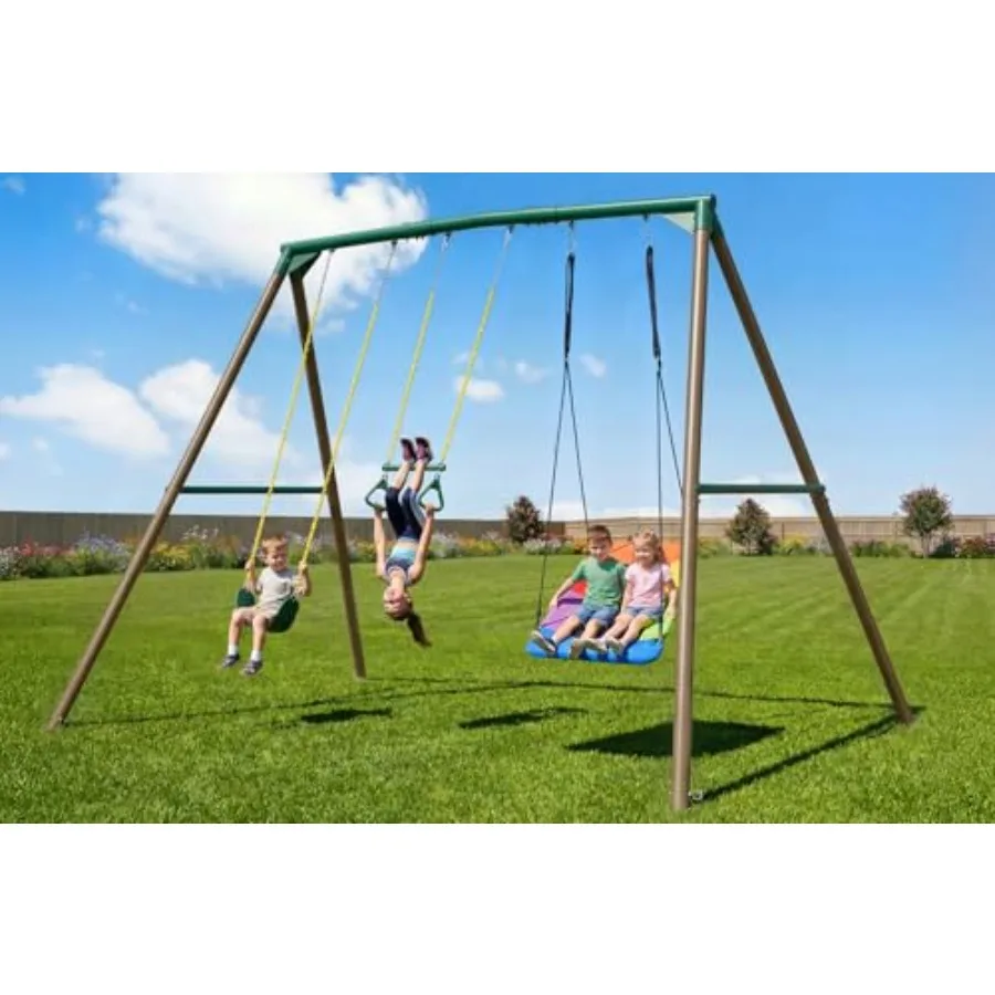 Backyard swing set: 9.5' tall heavy-duty metal outdoor swingset with platform swing and trapeze bar, green and brown color sche
Backyard swing set: 9.5' tall heavy-duty metal outdoor swingset with platform swing and trapeze bar, green and brown color sche