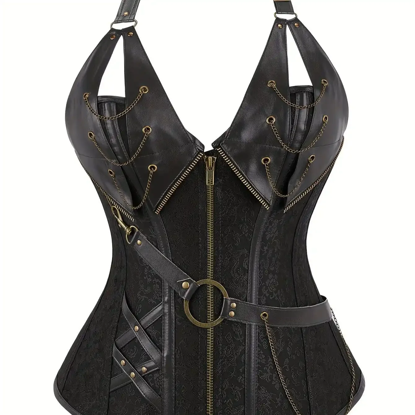 Vintage-Inspired Women's Floral Jacquard Chain Decor Halter Top with Cross Tie Back Zipper Front Faux Leather Design 8908
Vintage-Inspired Women's Floral Jacquard Chain Decor Halter Top with Cross Tie Back Zipper Front Faux Leather Design 8908