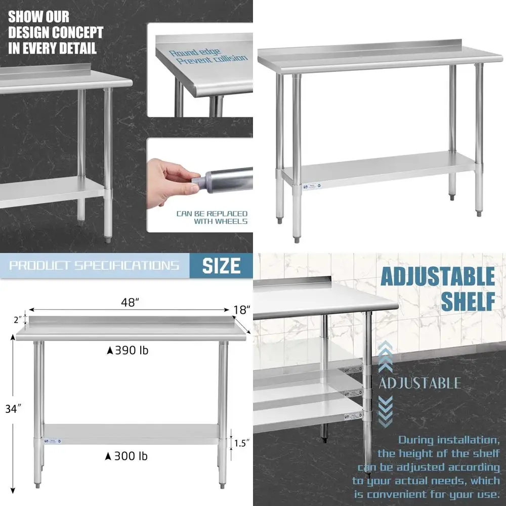 Commercial Grade Stainless Steel Prep Table, 18x48 with Undershelf and Backsplash for Restaurant, Home, and Hotel Use
Commercial Grade Stainless Steel Prep Table, 18x48 with Undershelf and Backsplash for Restaurant, Home, and Hotel Use