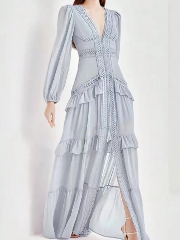 Women's Ruffle Patchwork Maxi Dresses Sexy Deep V-Neck Lantern Long Sleeve Hollow Out High Waist Dress Lady Chic Split Robes
Women's Ruffle Patchwork Maxi Dresses Sexy Deep V-Neck Lantern Long Sleeve Hollow Out High Waist Dress Lady Chic Split Robes