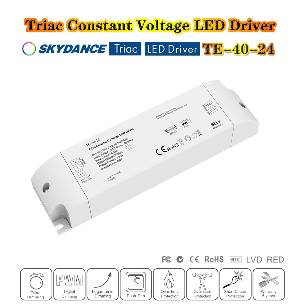Skydance TE-40-24 AC200-240V to DC24V 40W Dimmable Triac/ELV AC Push-Dim PWM LED Driver Constant Voltage Transformer
Skydance TE-40-24 AC200-240V to DC24V 40W Dimmable Triac/ELV AC Push-Dim PWM LED Driver Constant Voltage Transformer