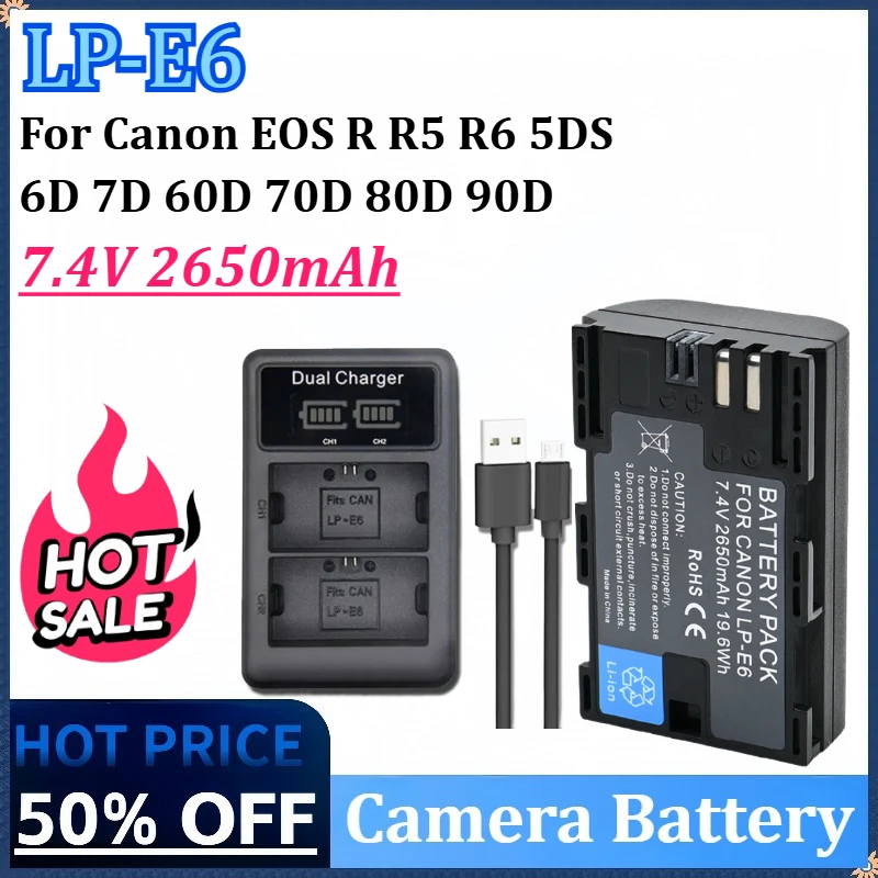 7.4V 2650mAh 19.6Wh LP-E6NH LP E6NH LP E6 LP-E6N Camera Battery for Canon EOS R R5 R6 5DS 6D 7D 60D 70D 80D 90D with Charger
7.4V 2650mAh 19.6Wh LP-E6NH LP E6NH LP E6 LP-E6N Camera Battery for Canon EOS R R5 R6 5DS 6D 7D 60D 70D 80D 90D with Charger