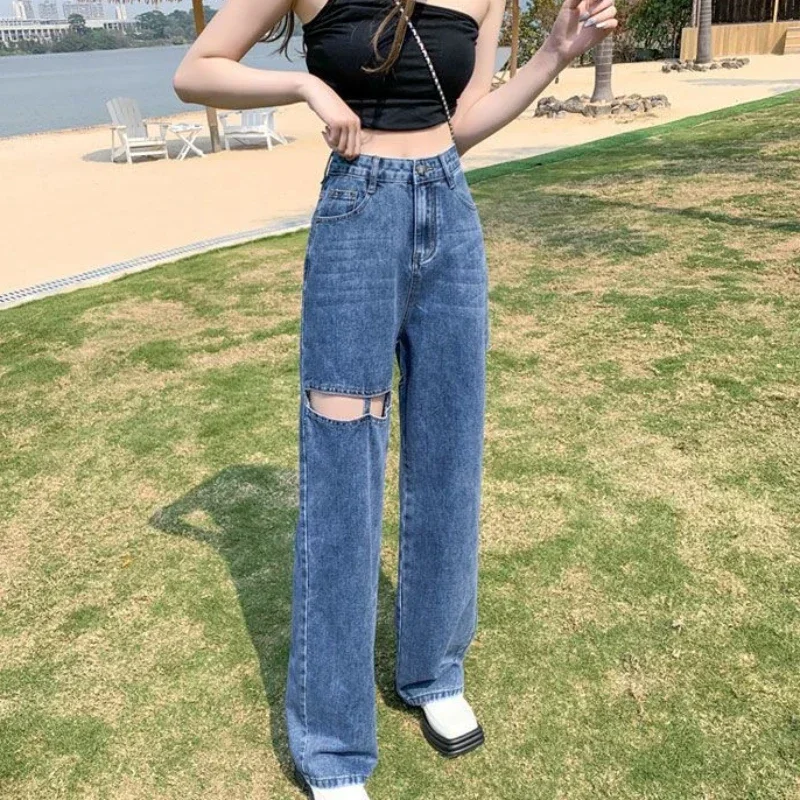 Ripped Straight Leg Trousers Torn Blue Pants for Woman High Waist Shot Women's Jeans with Holes Size X Larg Vibrant Spring Cool
Ripped Straight Leg Trousers Torn Blue Pants for Woman High Waist Shot Women's Jeans with Holes Size X Larg Vibrant Spring Cool