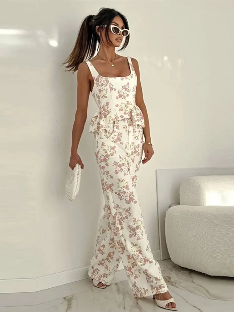 Elegant Floral Pant Set Women Sleeveless Ruffles Square-neck Vest Top Wide Leg Pant Trousers 2 Pieces 2026 Summer Holiday Outfit
Elegant Floral Pant Set Women Sleeveless Ruffles Square-neck Vest Top Wide Leg Pant Trousers 2 Pieces 2026 Summer Holiday Outfit