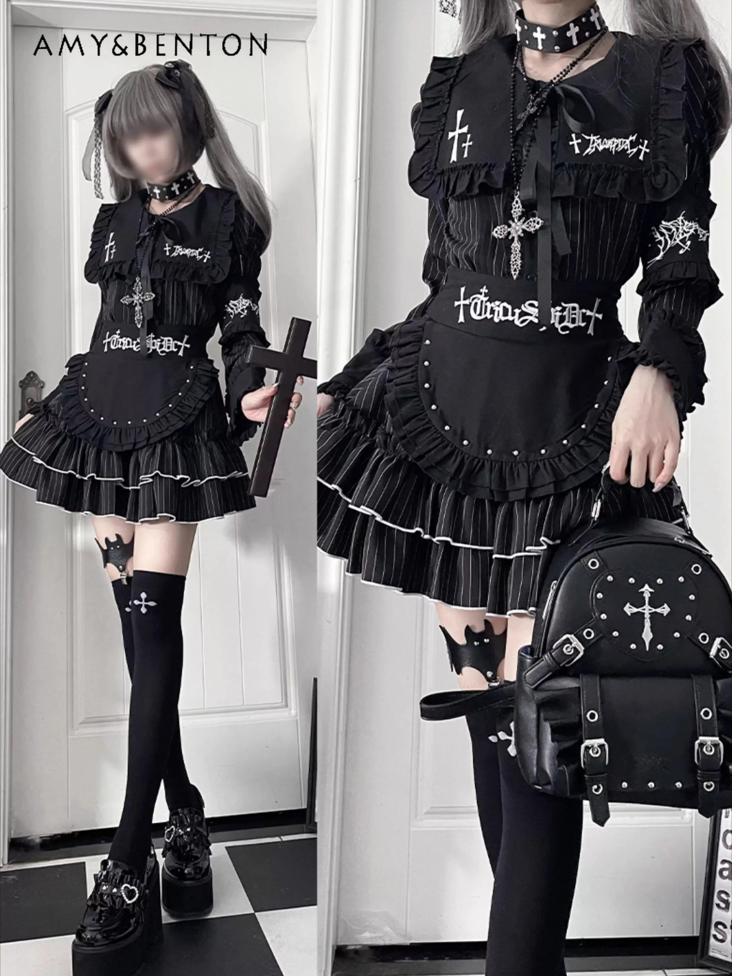 Gothic Dark Print Embroidery Ruffle Edge Lapel Long Sleeve Shirt Rivet Fake Two-piece Apron Skirt Harajuku Two-piece Set Women
Gothic Dark Print Embroidery Ruffle Edge Lapel Long Sleeve Shirt Rivet Fake Two-piece Apron Skirt Harajuku Two-piece Set Women