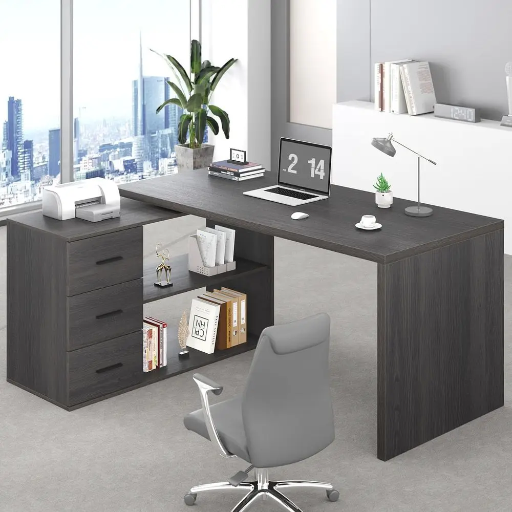 Gray 60 Large L-Shaped Desk with Storage Shelves and Reversible Executive Home Office Workstation
Gray 60 Large L-Shaped Desk with Storage Shelves and Reversible Executive Home Office Workstation