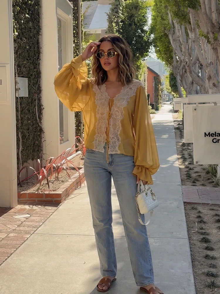 HH Women Summer New Arrival Trendy Yellow Chiffon Top Spring Lace Trim Puff Sleeve Tie Front Lightweight Blouse For Daily Wear
HH Women Summer New Arrival Trendy Yellow Chiffon Top Spring Lace Trim Puff Sleeve Tie Front Lightweight Blouse For Daily Wear