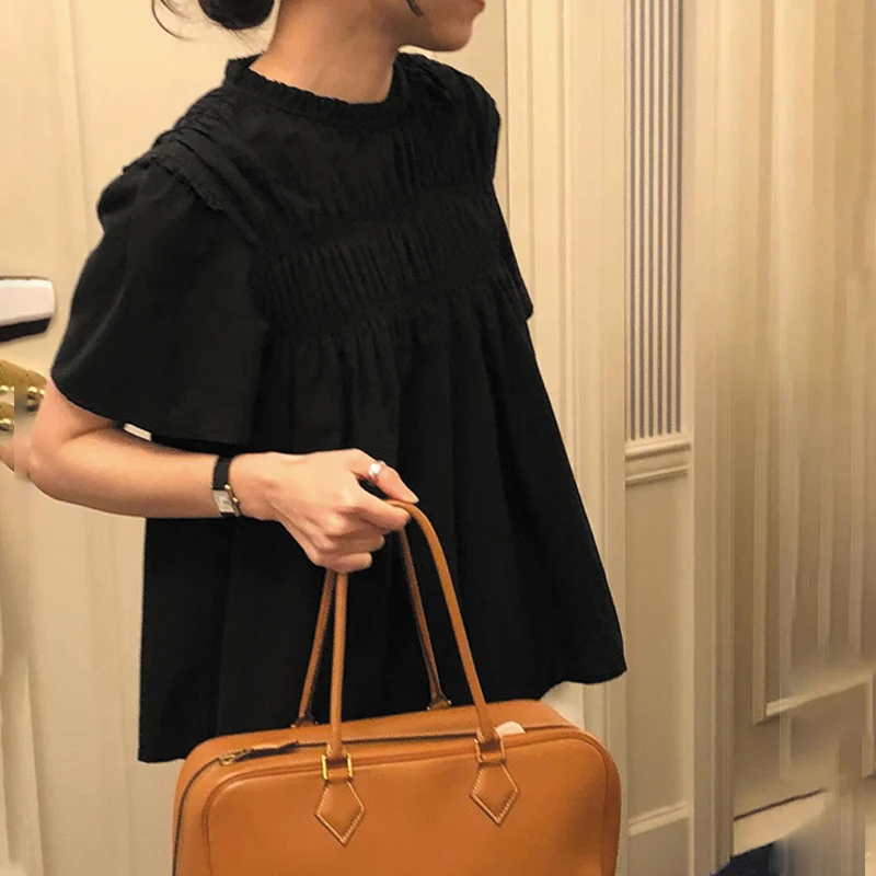 Elegant Black round Neck Bubble Sleeve Short Sleeve Shirt Women's New Summer Slimming Doll Shirt Chic Pleated Top
Elegant Black round Neck Bubble Sleeve Short Sleeve Shirt Women's New Summer Slimming Doll Shirt Chic Pleated Top