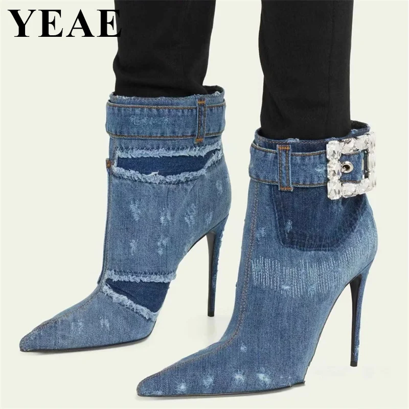 Women's Crystal Buckle Strap Ankle Boots 2024 Sexy Denim Blue Pointed Toe Cowboy Boots Female Thin High Heels Party Shoes Woman
Women's Crystal Buckle Strap Ankle Boots 2024 Sexy Denim Blue Pointed Toe Cowboy Boots Female Thin High Heels Party Shoes Woman